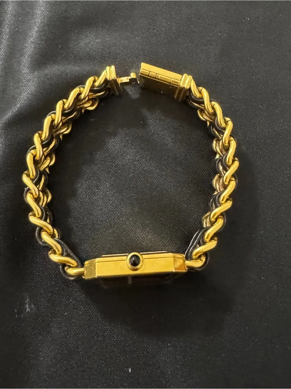 CHANEL Gold and Black Chain-Link Leather-Woven Watch